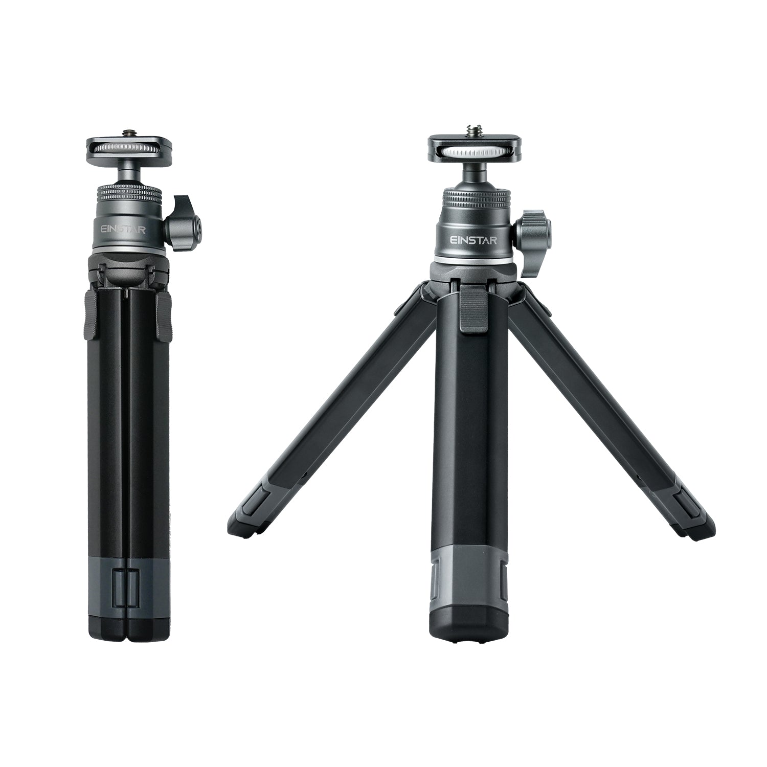 Two views of the EINSTAR metal tripod with gimbal: folded for compact storage and extended for stability during 3D scanning.